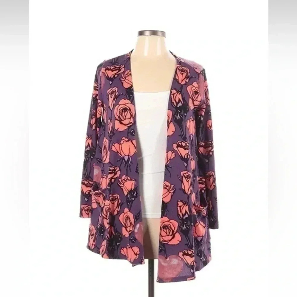 LuLaRoe Open Front Caroline Cardigan Floral Roses Hearts Florist Size S Small